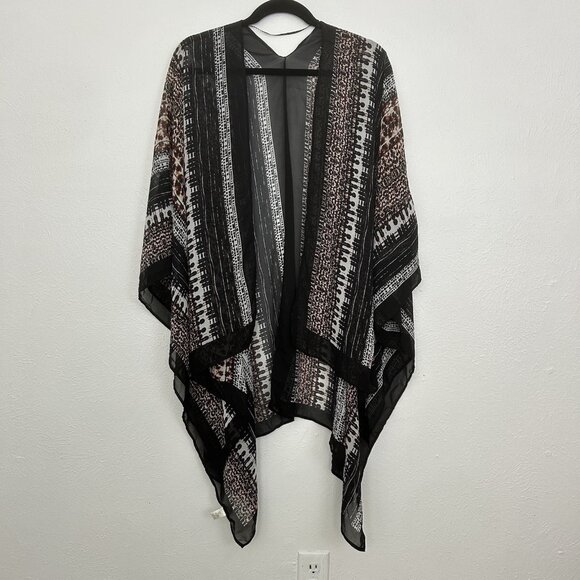 Black Multicolor Open-Front Kimono Topper Cover Up Cardigan Abstract One Size - Picture 1 of 9